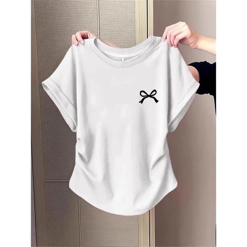 สมัย หย่อน เสื้อยืด ผ้าฝ้าย 100% สุภาพสตรี สีทึบ ผ้าฝ้ายบริสุทธิ์ คอกลมและแขนสั้น ใหม่ หญิง เป็นที่นิยม