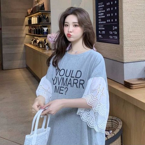 Plus size Dress(40-150kg) ผู้หญิงขนาดใหญ่พิมพ์ Splice รอบคอแขนสั้นชุดลําลองหลวมชุดขนาดใหญ่