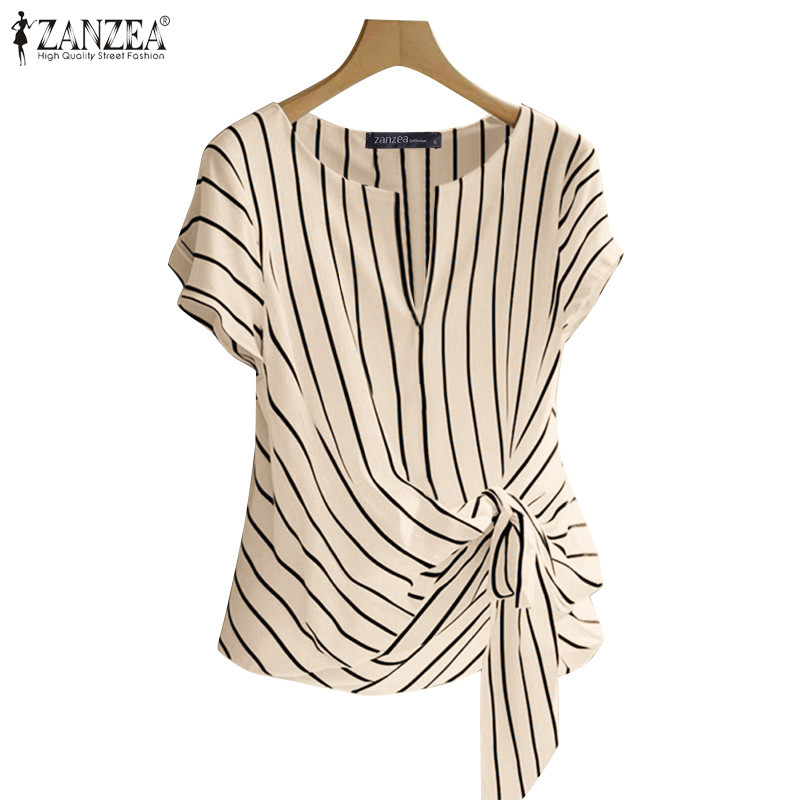 ZANZEA เสื้อเบลาส์ลายทางแขนสั้นคอกลม Ladylike ผู้หญิงเกาหลี
