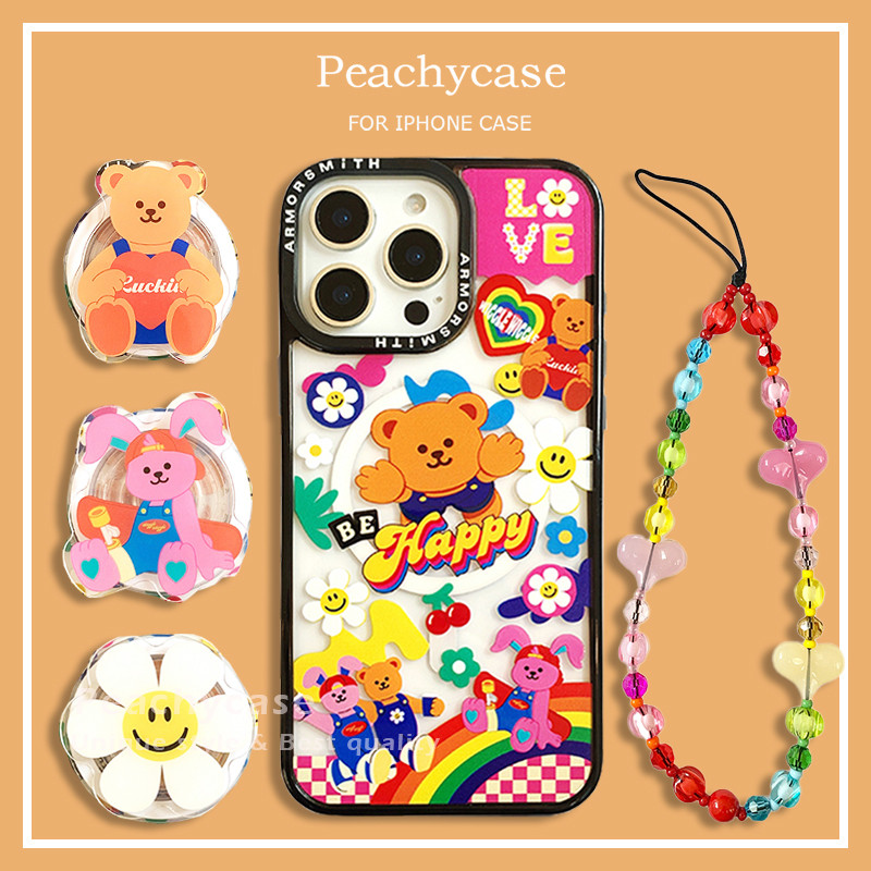 น่ารัก ยิ้มดอกไม้Wiggleกระต่ายหมีผู้ถือไร้สายชาร์จเคสโทรศัพท์เข้ากันได้สําหรับiPhone 16 15 Plus 14 13 12 Pro Max 11 พร้อมโซ่Anti-scratch Hard PCปกหลังShell