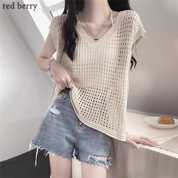 Red Berryเสื้อสเวตเตอร์ถักคอวีสีขาวสำหรับผู้หญิง เสื้อแขนกุดป้องกันแสงแดดในฤดูร้อน19015