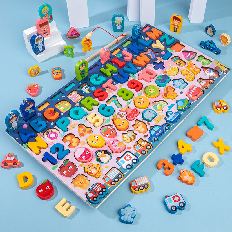 กระดานไม้เสริมพัฒนาการ 7in1จิ๊กซอว์ ของเล่นไม้ กิจกรรมในชุดเดียว นับเลข ตกปลา เสียบเสา เรียนรู้รูปทรง ตัวอักษร