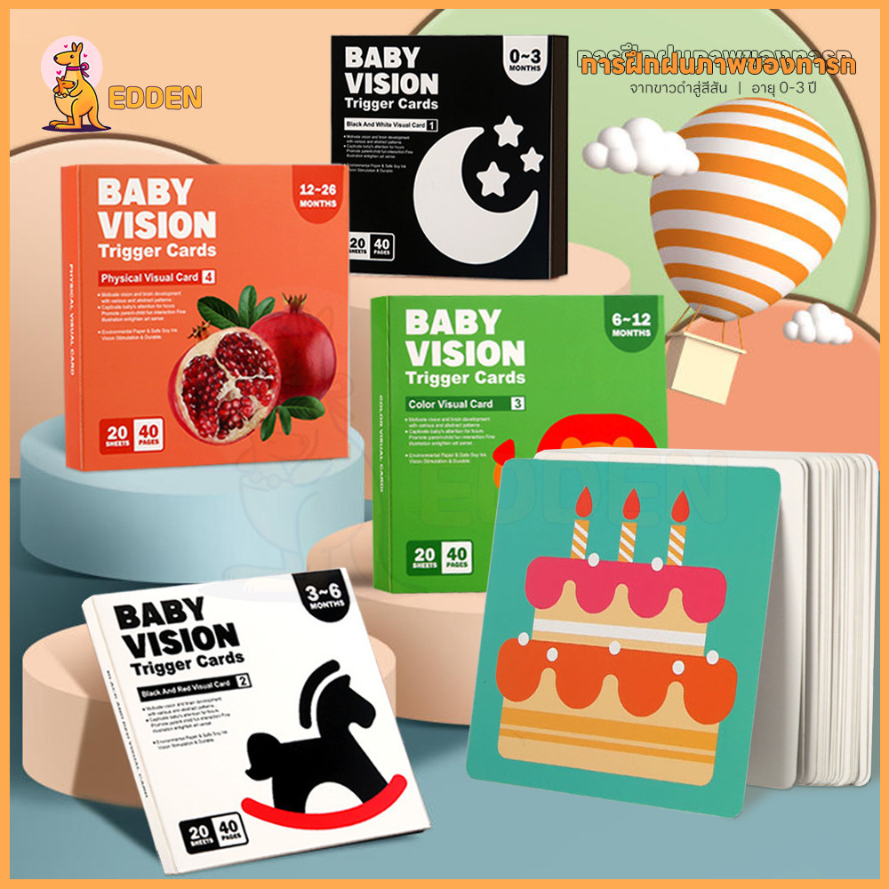 EDDEN แฟลสการ์ด การ์ดกระตุ้นสายตา การฝึกฝนภาพของทารก flashcard เพิ่มความสนใจ แฟลชการ์ดขาวดำ
