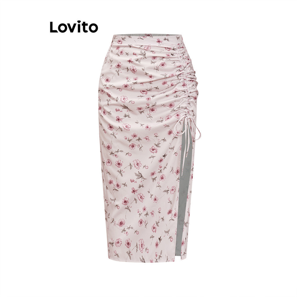 Lovito กระโปรงผู้หญิง ลายดอกไม้ จีบย่น จับจีบ สไตล์โรแมนติก L93AD055