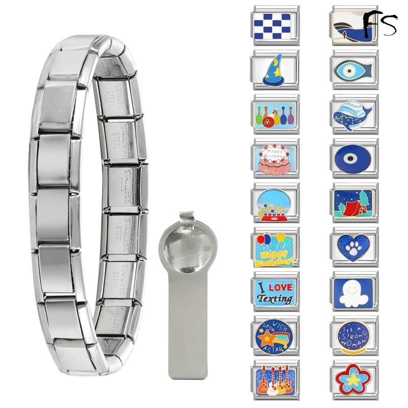 Blue Series Italian Charm Links Fit 9 มม.สร้อยข้อมือสแตนเลส Diy เครื่องประดับทําอุปกรณ์เสริม Retro บุคลิกภาพโมดูลสร้อยข้อมืออุปกรณ์เสริม
