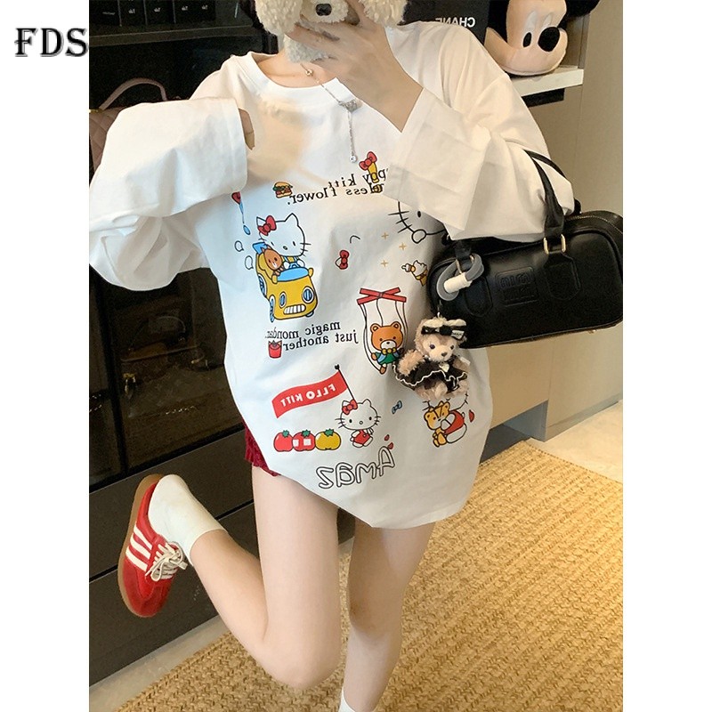FDS น่ารัก Hello Kitty พิมพ์แขนยาวหลวมเสื้อยืดหญิงฤดูใบไม้ร่วงสีขาวหวานการออกแบบความรู้สึกทุกการจับคู่รอบคอเสื้อยืด