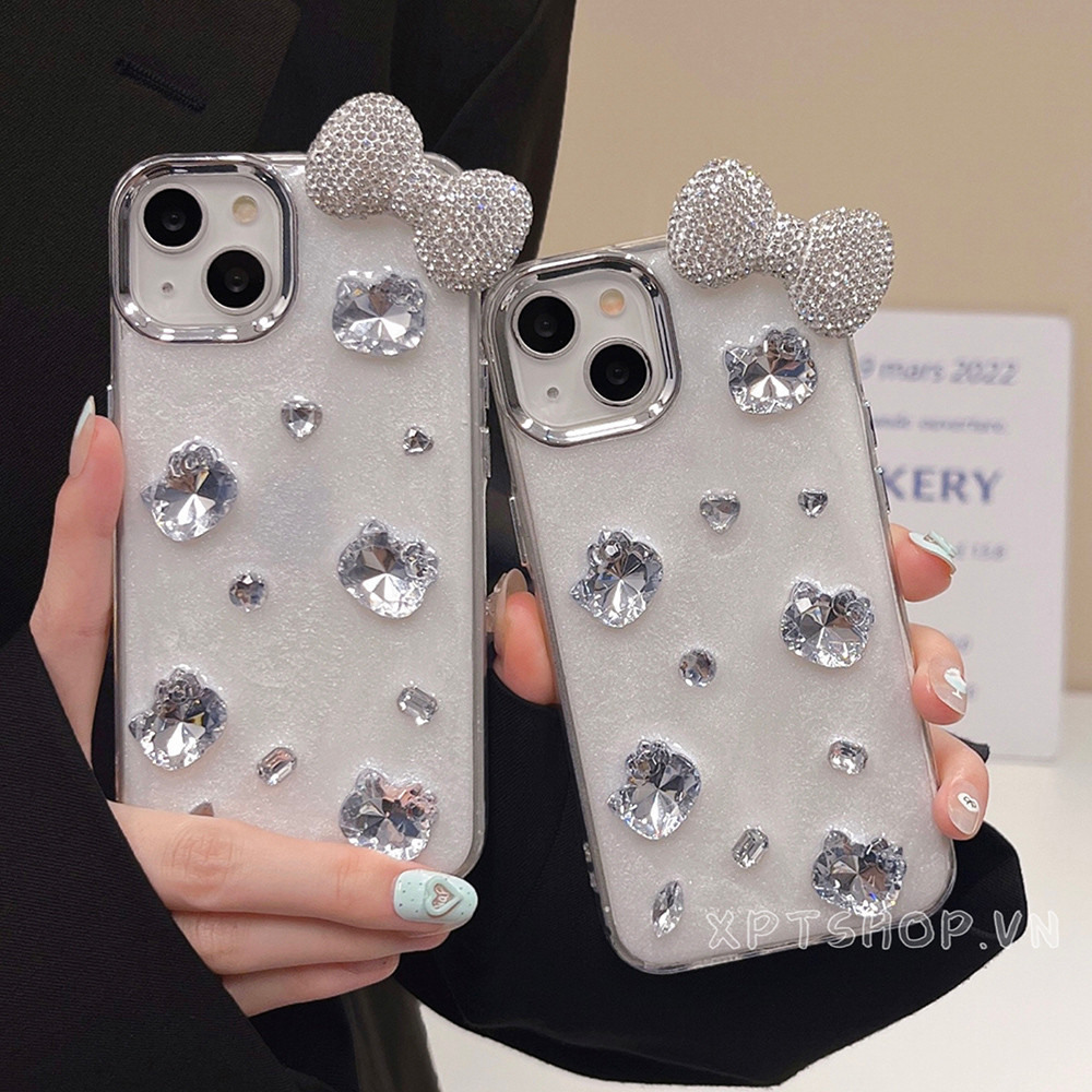 เพชร Bowknot Kitty เรซิ่นเคสโทรศัพท์สําหรับ iPhone 16ProMax 16Pro 16Plus 15ProMax 14 13 12 11 Full Coverage กันกระแทกป้องกันปลอก