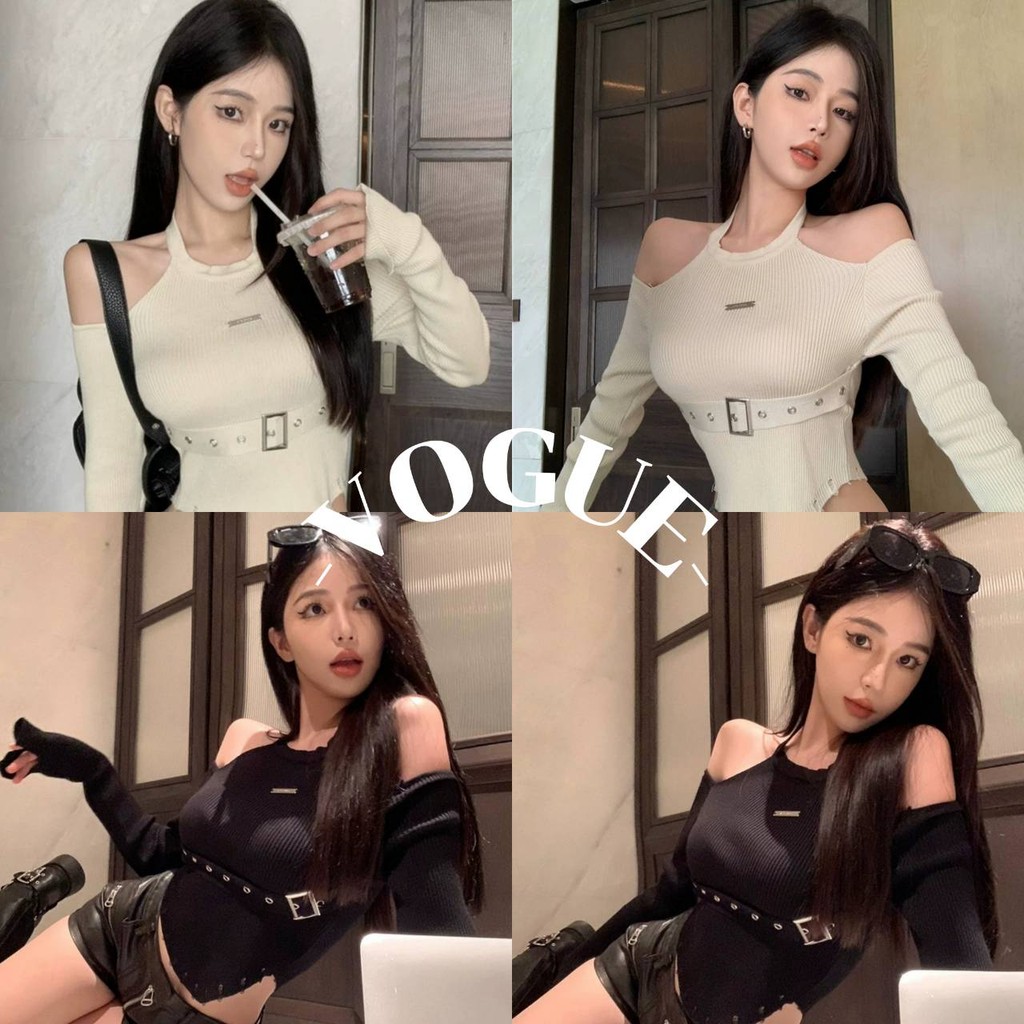 Vogue พร้อมส่ง เสื้อเปิดไหล่ไหมพรมแขนยาว ผ้าร่องยืดกำลังดีใส่สบาย (BKHY252)