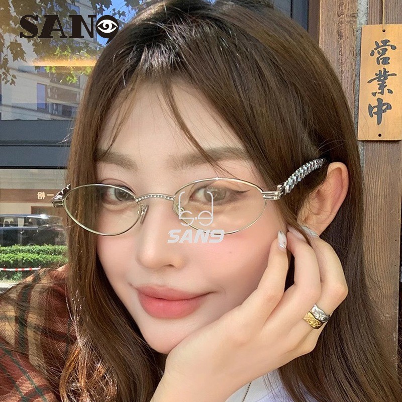 สินค้าพร้อมCOD (San9)Pure Desire Wind Elliptical Frame Metal Heart Set Diamond Anti Blue Light แว่นสายตา