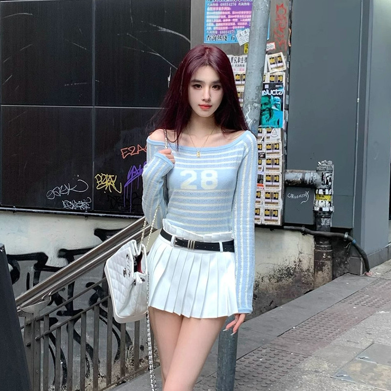 Siner-เสื้อครอปฤดูใบไม้ร่วงของผู้หญิงคอเรือแขนยาวลายหมายเลขพิมพ์เสื้อยืดแฟชั่นลําลองบาง