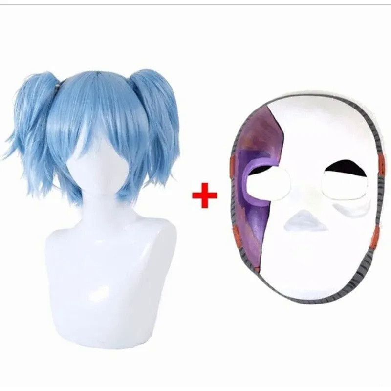 Sally Face Mask Cosplay Props Sally Latex Face Mask Wig Blue Short Heat Resistant Synthetic Hair Cli