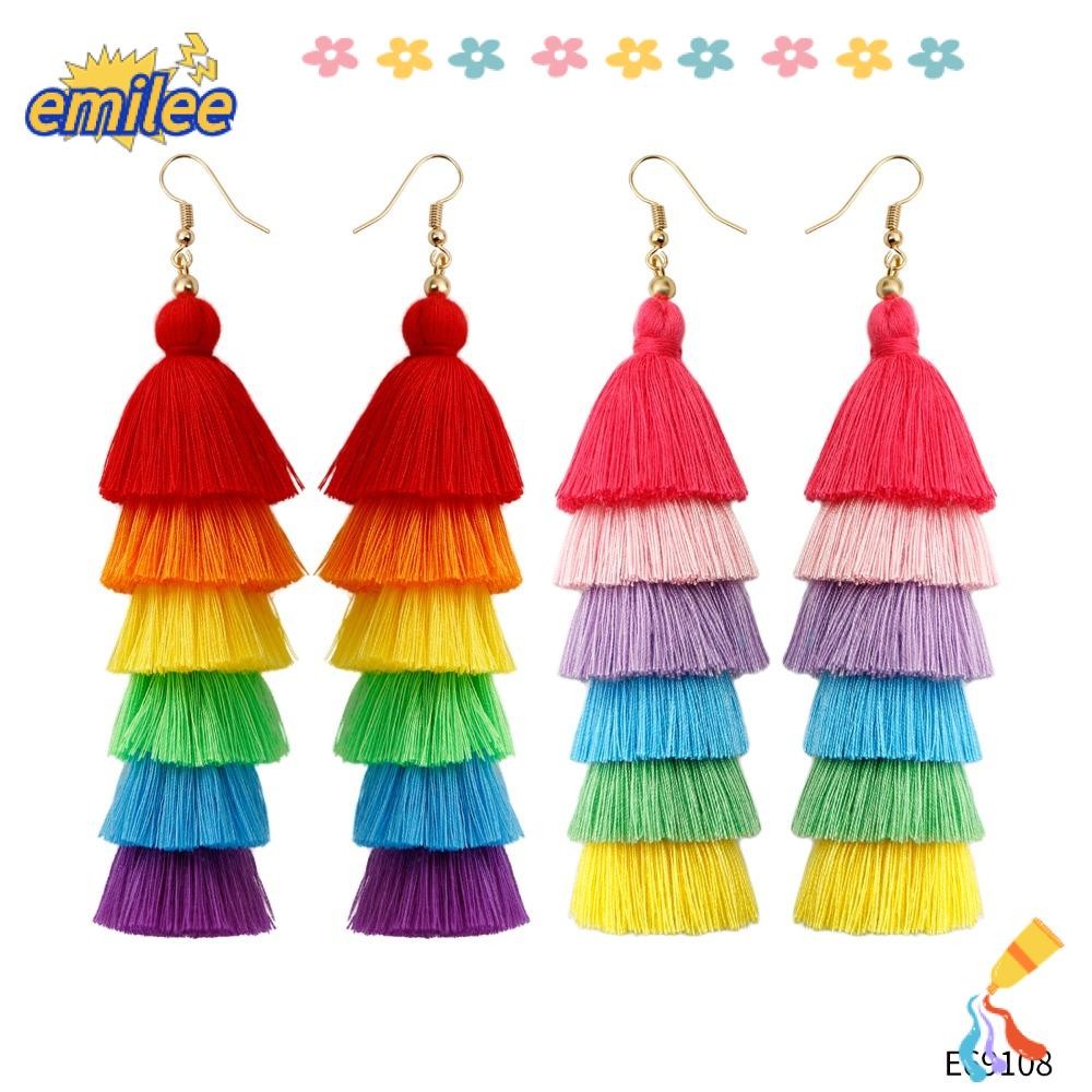 เอมิลี ชั้นพู่ต่างหู,พู่ที่มีสีสันสายรุ้งต่างหู,ของขวัญโบฮีเมียนถักเปียห้อยต่างหูผู้หญิง