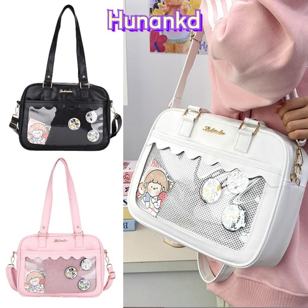 กระเป๋าสะพาย HUNAN กระเป๋าถือใสแบบใช้ซ้ําได้ความจุขนาดใหญ่ ดีไซน์ Harajuku PU Leather Satchels Bag Shopping