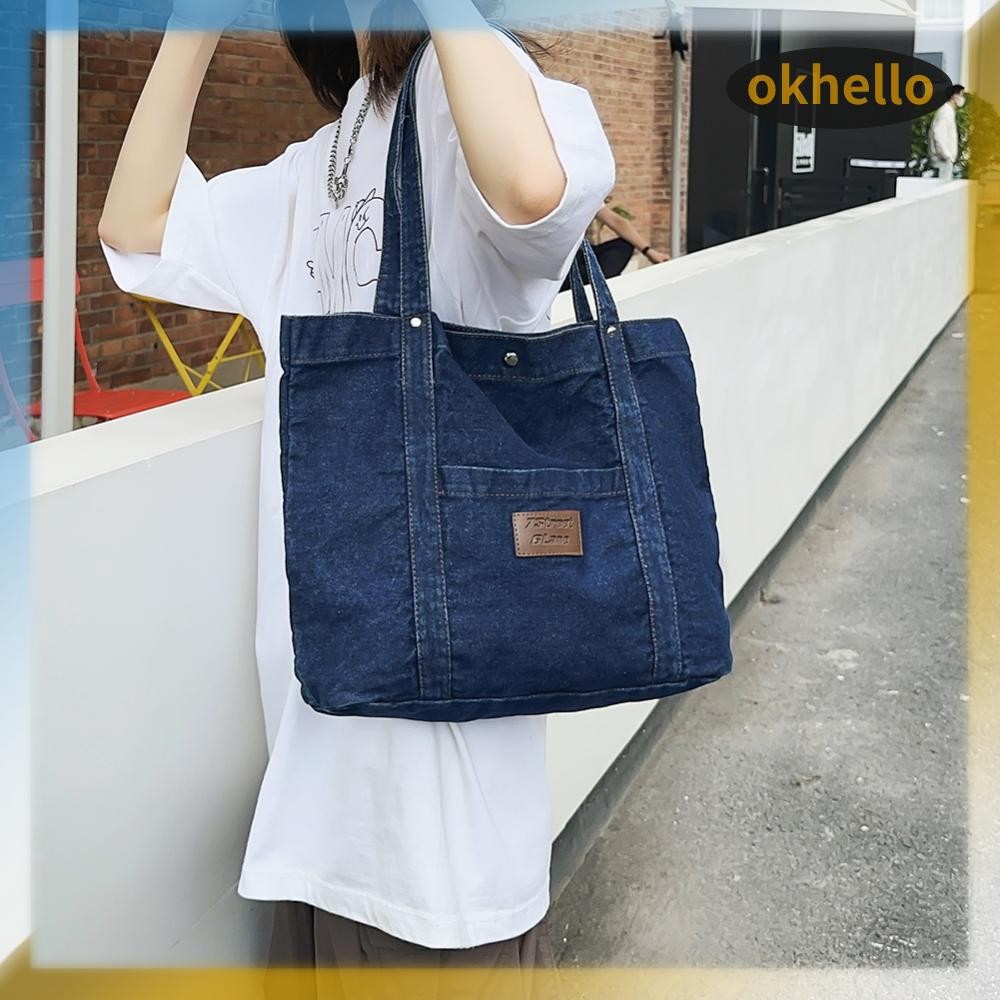 [Okhello.th] Women Jeans Handbag Large Capacity Denim Retro Tote Bag Female Daily Commute Bag