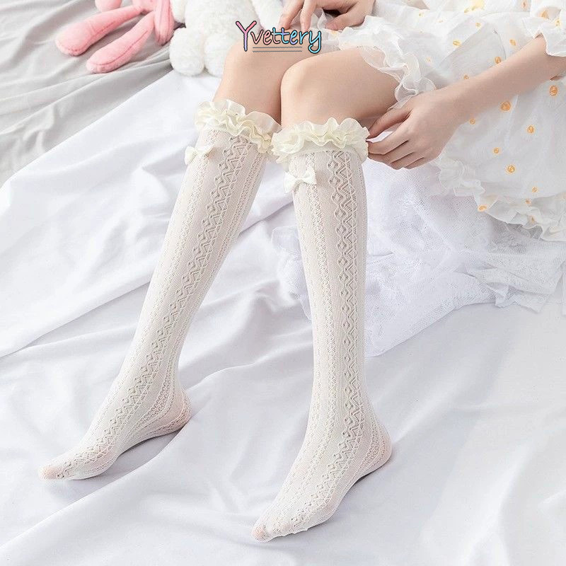 ร้านค้าไทย🔥ถุงเท้าสตรีลูกไม้สไตล์ญี่ปุ่น สไตล์บัลเล่ต์ น่ารักหวาน ข้อสูง ผ้ายืด แบบบาง JK Lolitaถุงเ