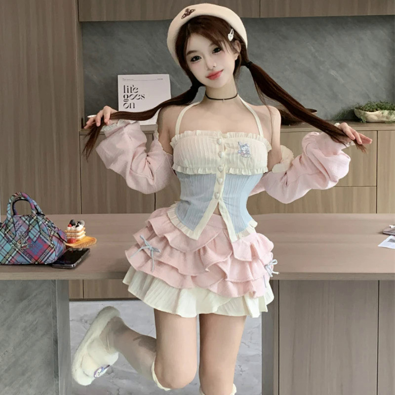 MnAutumn Kawaii Lolita Style 3 Piece Dress Set Women Sweet Bunny Slim Bodycon Y2k Crop Tops Pink Min