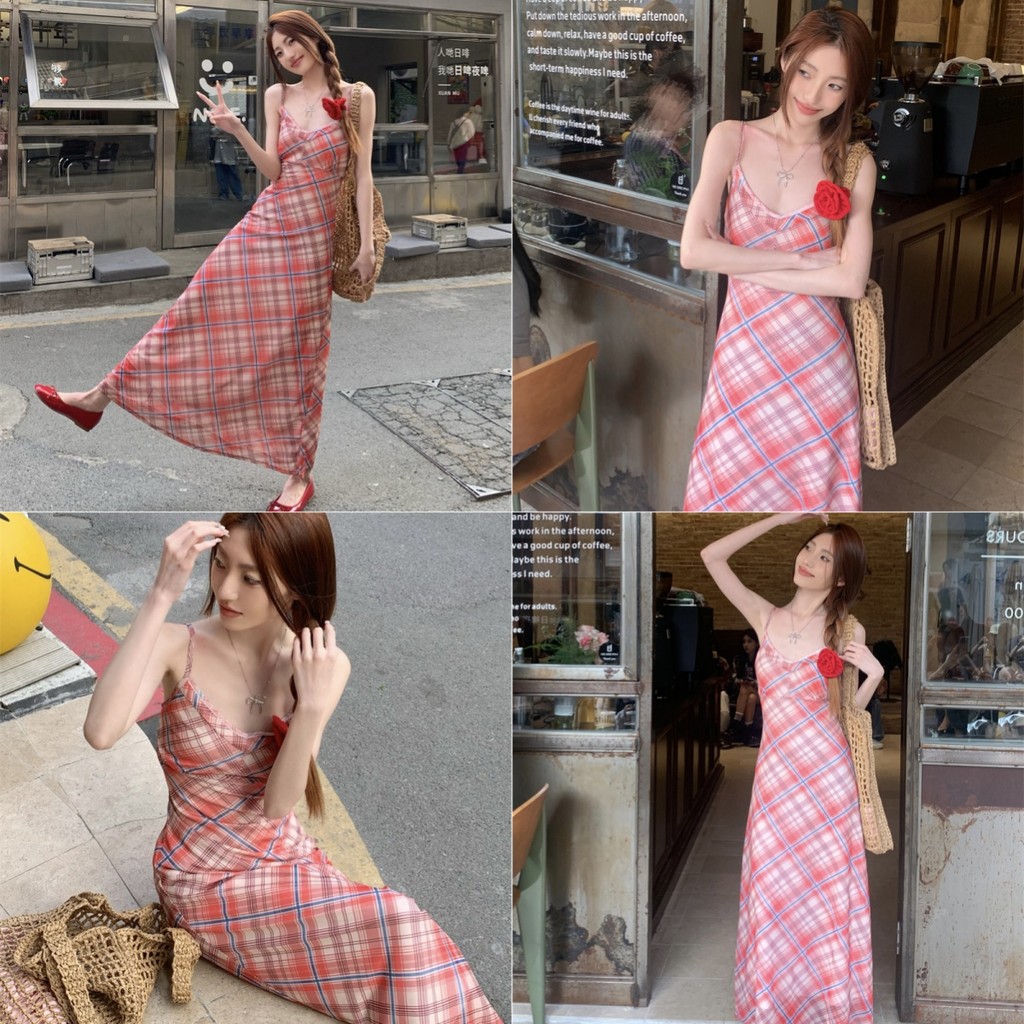 cherryshop พร้อมส่ง ชุดเดรสสายเดี่ยวผู้หญิง เดรสสีแดงลายสก๊อต ชุดน่ารัก ย้อนยุคเซ็กซี่ รุ่นใหม่ล่าสุด