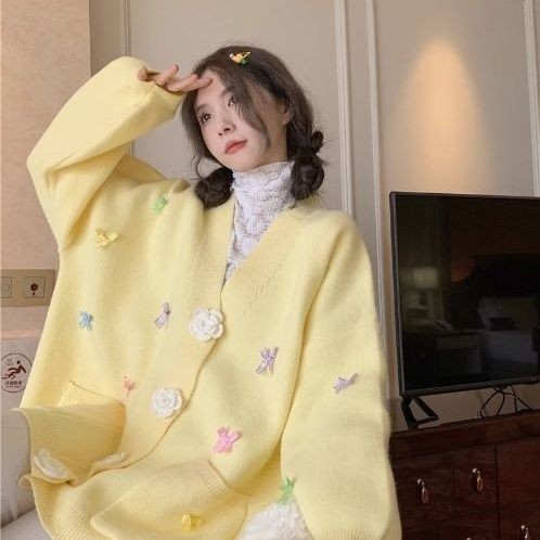 ขี้เกียจโบว์ดอกไม้เสื้อกันหนาวผู้หญิงหวานสีชมพูถักคาร์ดิแกนฤดูใบไม้ร่วงฤดูหนาว