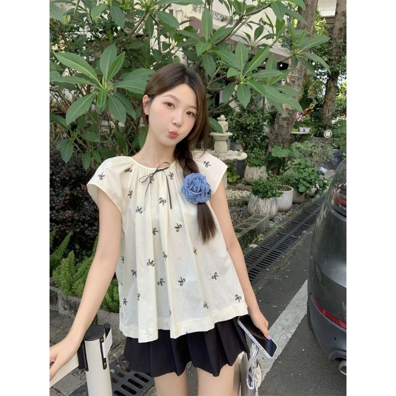 Amber~สไตล์ใหม่ โบว์ ผูกขึ้น สไตล์เรียบง่าย เสื้อเชิ้ต หลวม แฟชั่น