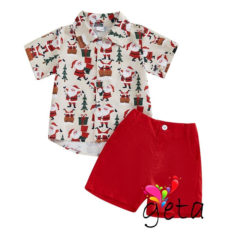 Ljw-little Boy Christmas Gentleman Set Santa Button-up Short Sleeve Lapel Neck Tops Shorts Outfit