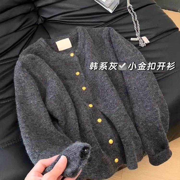 สีเทาปุ่มทองขนาดเล็ก Raccoon ขนแกะเสื้อกันหนาวแจ็คเก็ตผู้หญิงฤดูใบไม้ร่วงฤดูหนาว All-Match คอกลม