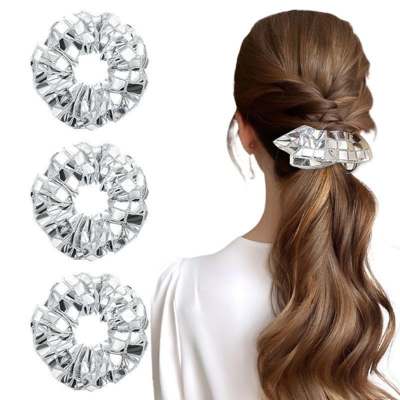 Retro Silver Square เลื่อมผม Tie ใหม่ Disco Ball เลื่อม Dance Party หางม้าสูงหัวเชือก