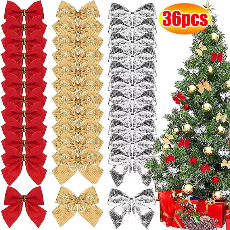 Mini Red Gold Glitter Bowknot - เครื่องประดับผูกโบว์คริสต์มาส - ต้นคริสต์มาสแขวนจี้ - งานฝีมือห่อของขวัญ DIY - บ้านสวนปีใหม่ Party Decor