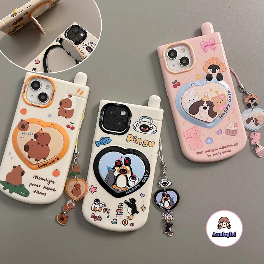 เกาหลีน่ารักเพนกวินสัตว์พับรักกระจกยึดเคสโทรศัพท์สําหรับ ไอโฟน 11 15 16 มือโปร สูงสุด 12 14 13 โปรแม็กซ์ การ์ตูนจี้เซลล์รูปร่างโทรศัพท์กันกระแทกโทรศัพท์ฝาหลัง