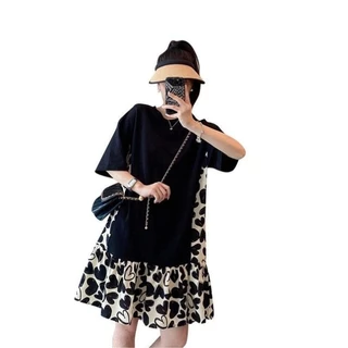 【Oversize Dress】(40-150 กก.) แขนสั้น พลัสไซส์ มินิเดรส ทรงเอ ลายดอกไม้ ประกบ หลวม เดรสแฟชั่นเกาหลี Plus Size Dress