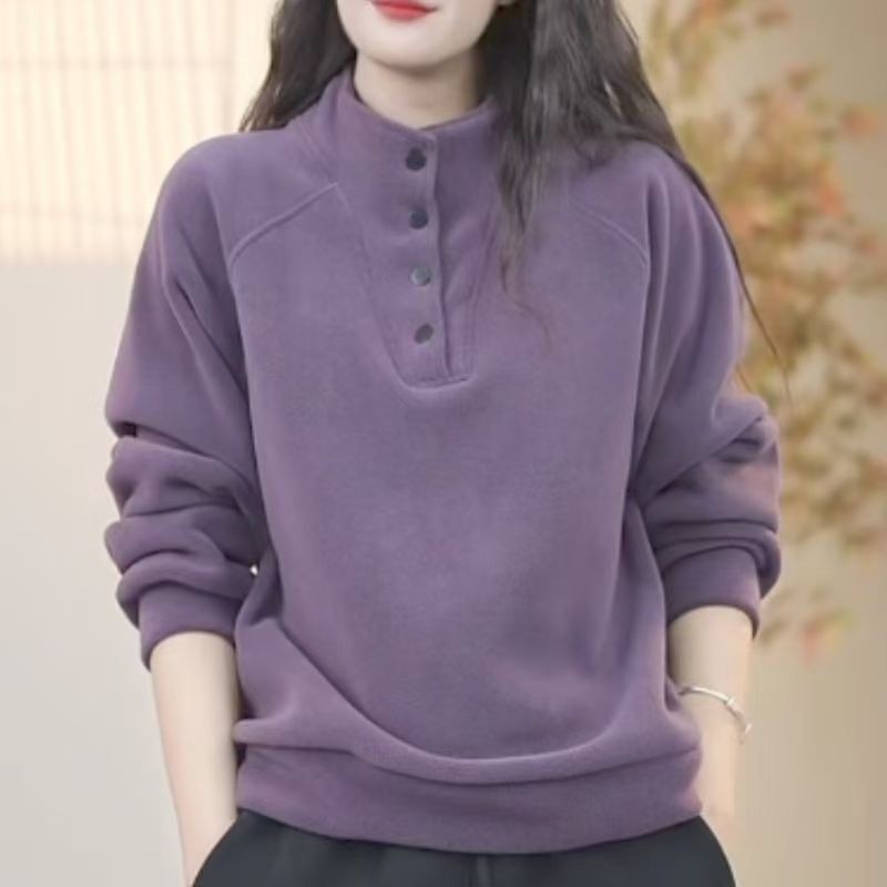 ฤดูใบไม้ร่วงและฤดูหนาวใหม่ที่อบอุ่นยืนขึ้นปกเสื้อสวมหัวผู้หญิงหลวมและบางสีทึบสบายๆด้านบน