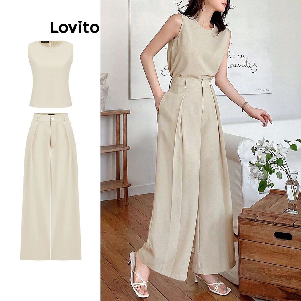 Lovito ชุดกางเกงซิปสีพื้นลำลองสำหรับผู้หญิง L108ED372