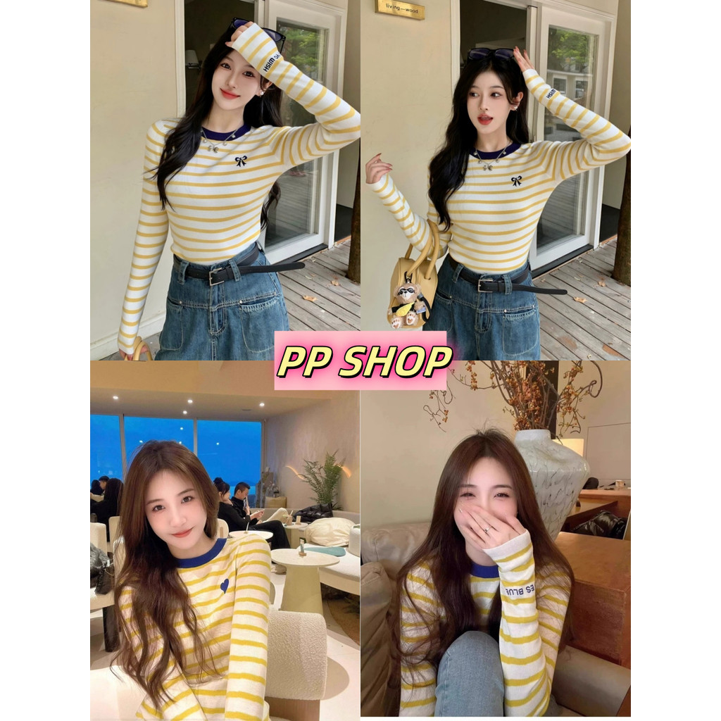 PP Shop​ ​​พร้อมส่งเสื้อยืดผ้าถักแขนยาว สไตล์เกาหลี คอกลม ลายทาง แฟชั่น เสื้อ ใส่สบาย งานปัก น่ารัก สำหรับผู้หญิง#03072