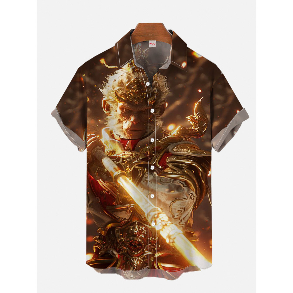 Black Mythology Wukong สไตล์เดียวกันพิมพ์เสื้อยืดแขนสั้นแนวโน้มแห่งชาติ Journey to the West Cool หลวมเสื้อผู้ชายด้านบน