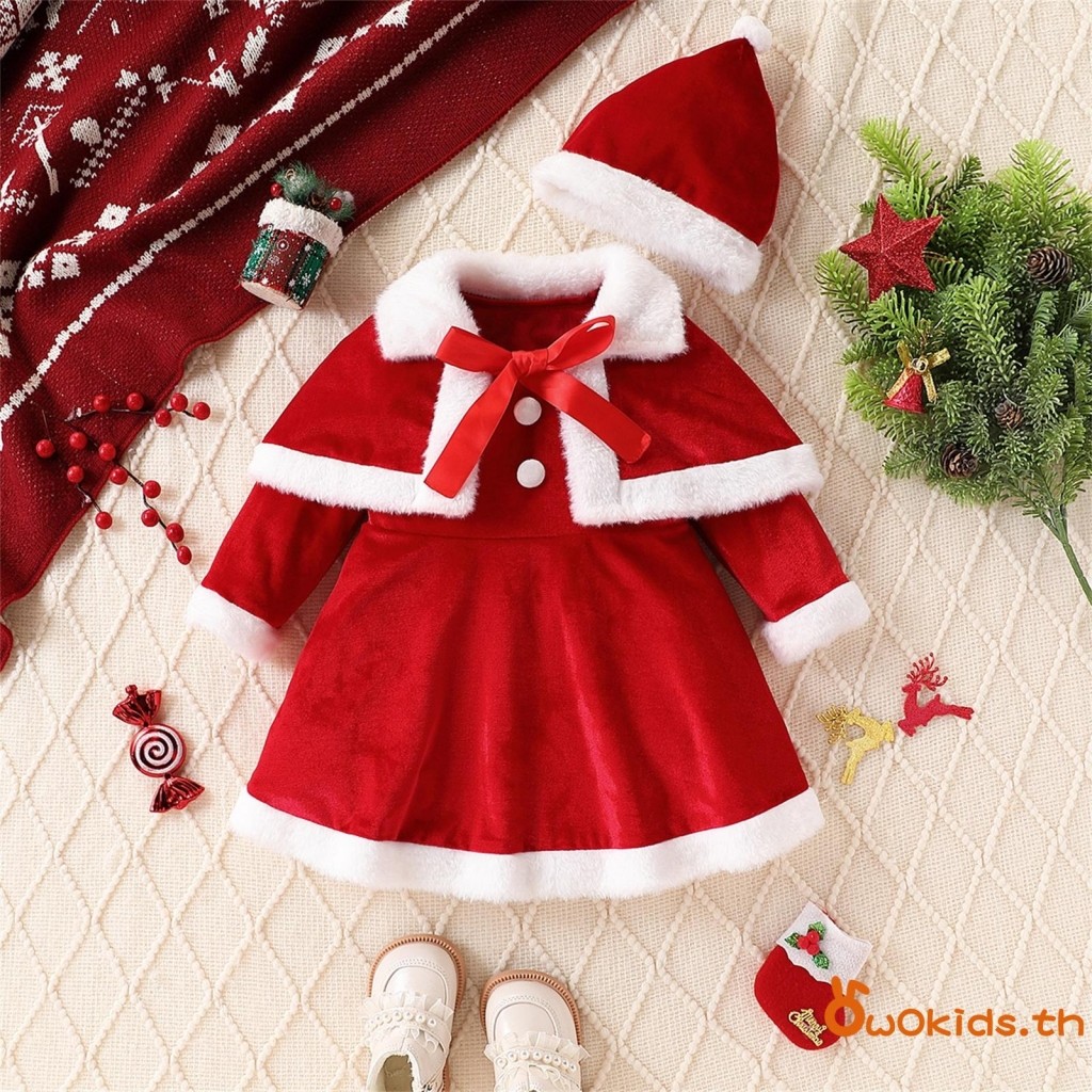 Grao-girls Christmas Dress Set เดรสแขนยาว O คอพร้อมหมวกซานต้าและผ้าคลุมไหล่เคป