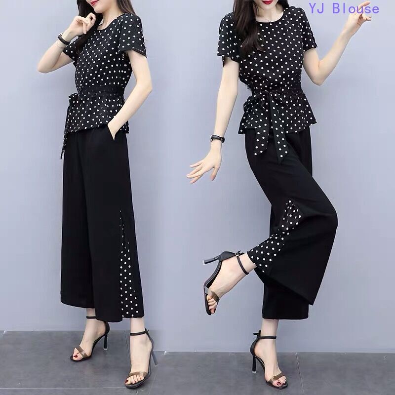 Setsuits Plus Size Womens Korean Style Short-Sleeve Top + กางเกงขากว้างเอวสูงชุดสองชิ้น