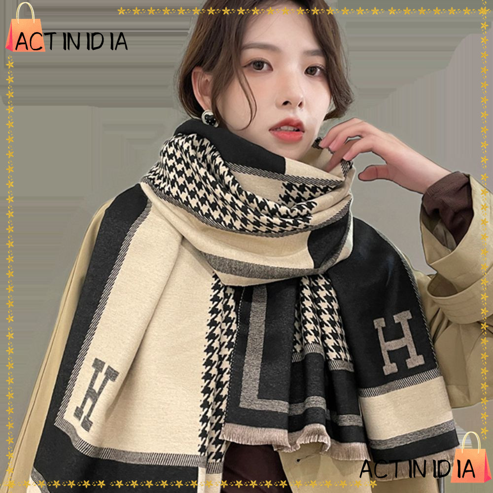 Actinidia ผ้าพันคอฤดูหนาว, ผ้าพันคอแคชเมียร์ลาย Houndstooth กันลม, คุณภาพสูงอบอุ่นหนาพร้อมผ้าคลุมไหล่พู่ห่อ