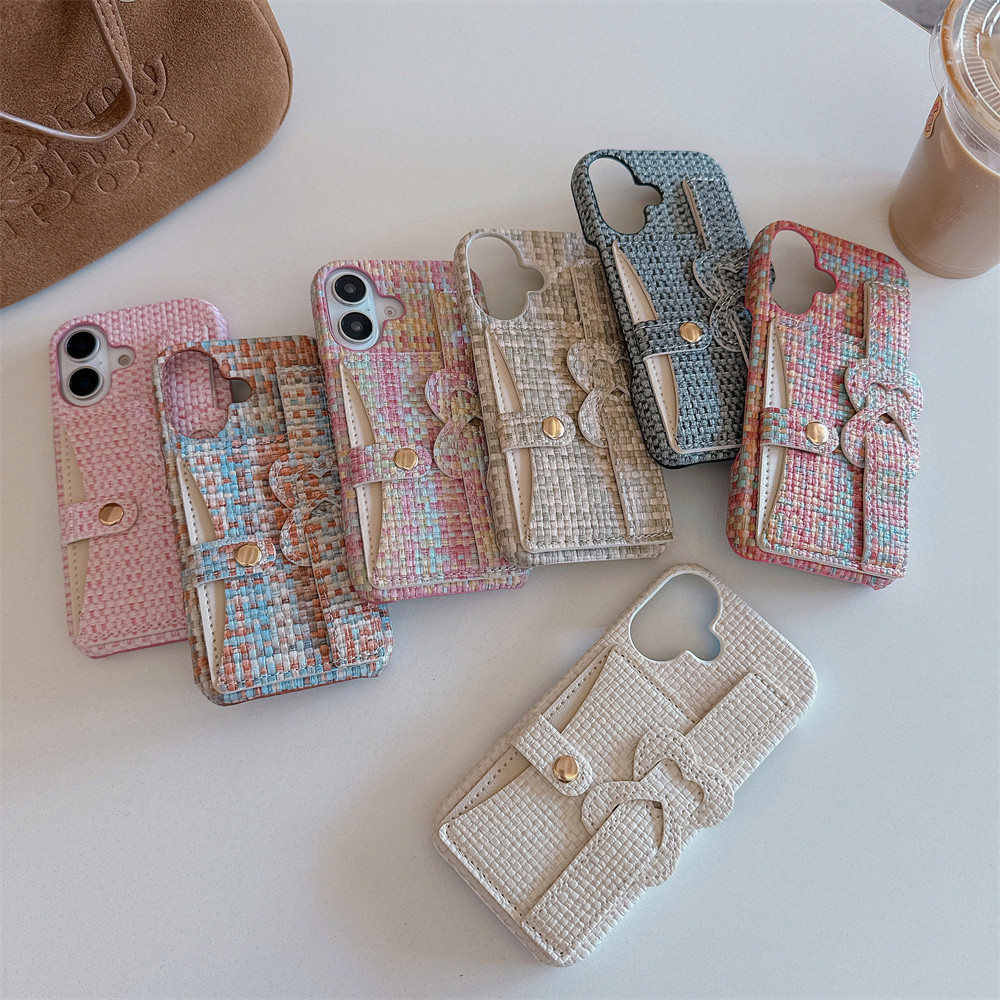 หรูหรากระเป๋าบัตรถักรูปแบบกระเป๋าสตางค์เคสโทรศัพท์สําหรับiphone 15 14 Pro Max 13 12 11 16 Pro Max Loveสายรัดข้อมือกันกระแทกฝาครอบ
