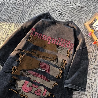 พร้อมส่งจากกทม มาถึงใน 2วัน เสื้อยืดผ้าฝ้ายแขนสั้นพิมพ์ลายผู้ชาย สวมใส่สบาย ระบายอากาศได้เสื้อยืดฟอกทันสมัยและอินเทรนด์