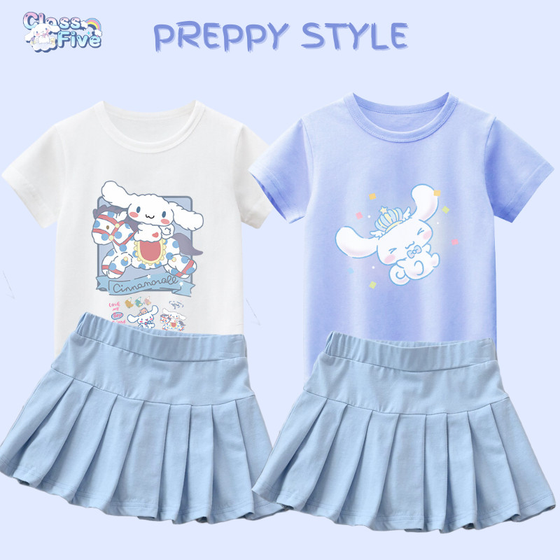 ชุดเสื้อยืด กระโปรงพลีท ผ้าฝ้าย ลายการ์ตูน Cinnamoroll น่ารัก เหมาะกับฤดูร้อน สําหรับเด็กผู้หญิง จํานวน 2 ชิ้น