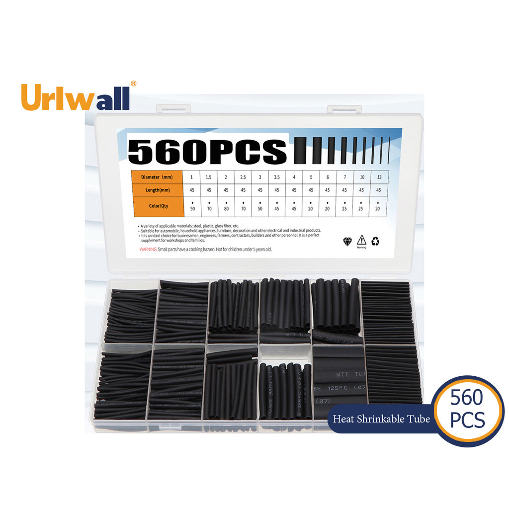 Urlwall 560pcs ความร้อนหดท่อสีดําสารพัน Polyolefin Hollow Tube Sleeves Wrap ชุดลวดฮาร์ดแวร์อะไหล่