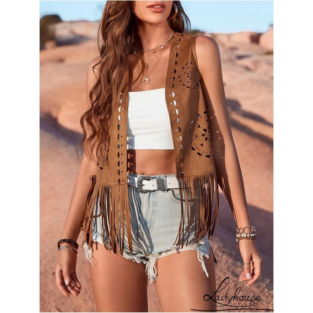 LDD-ผู้หญิง Fringe Faux Suede Vest Casual เปิดด้านหน้าแขนกุดพู่ Hippie Jacket