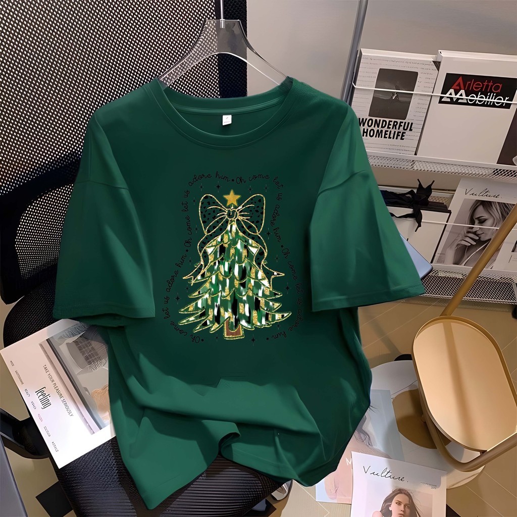 COD (จัดส่งในกรุงเทพฯ) MAO Shop เสื้อยืดลายการ์ตูน Christmas Oversize ผ้าฝ้าย100 ต้นคริสต์มาส S-3XL#100167