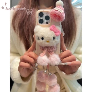 IPhone 16 15 14 13 12 11 Pro Max X Xr Xs Max 7 8 Plus SE2020 เคสโทรศัพท์น่ารัก 3D DIY หมวกตุ๊กตาผ้าพันคอแมวนุ่ม + Lanyard ฝาหลัง