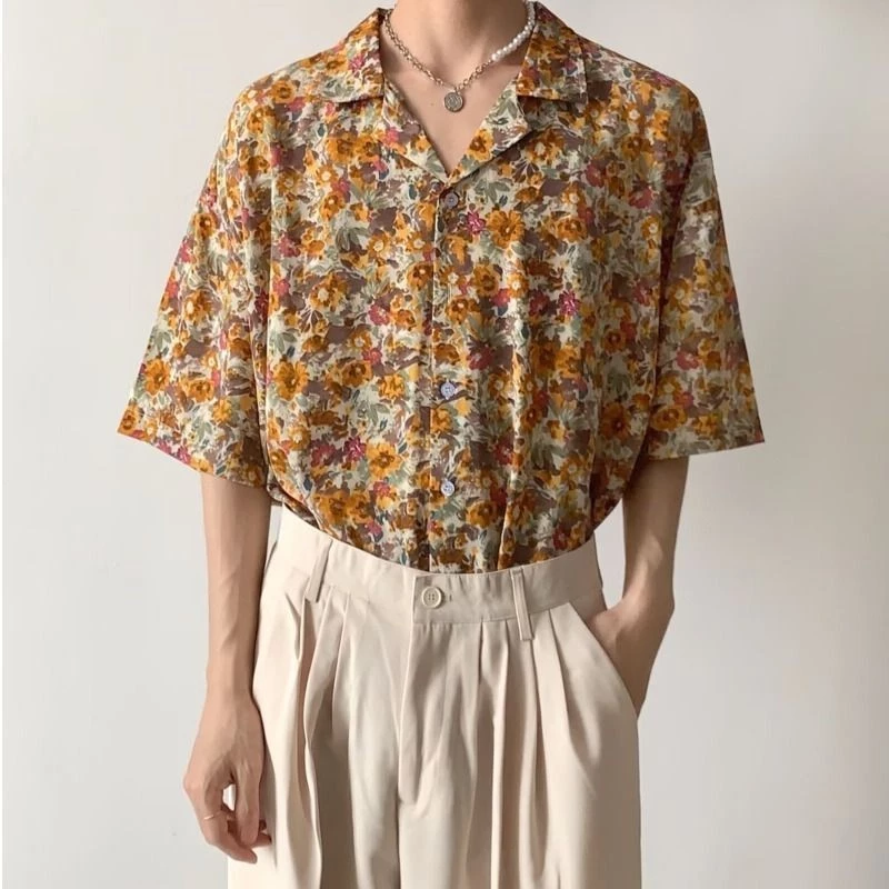 เสื้อลายดอกผู้ชาย ฤดูร้อนใหม่สไตล์วันหยุดชายทะเลเสื้อแขนสั้น