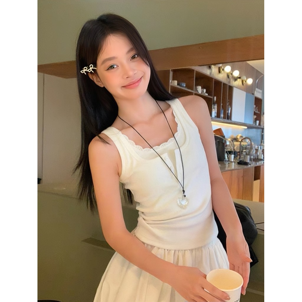 Fariy🍒คลังสินค้าพร้อม🍒เสื้อกั๊กลูกไม้ปลอมสองชิ้นสำหรับผู้หญิงฤดูร้อนสไตล์ใหม่พอดีตัวสไตล์สาวฮอตสั้น - รูปที่ 2