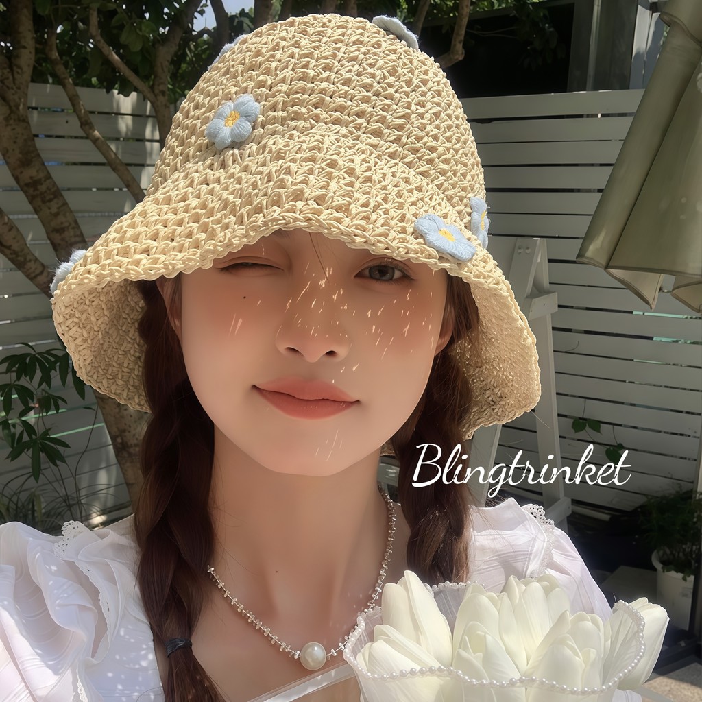หมวก ลวดลายดอกไม้🌼 การทอแบบกลวง หวานและน่ารัก💕 สไตล์อภิบาล หมวกบักเก็ตฟาง