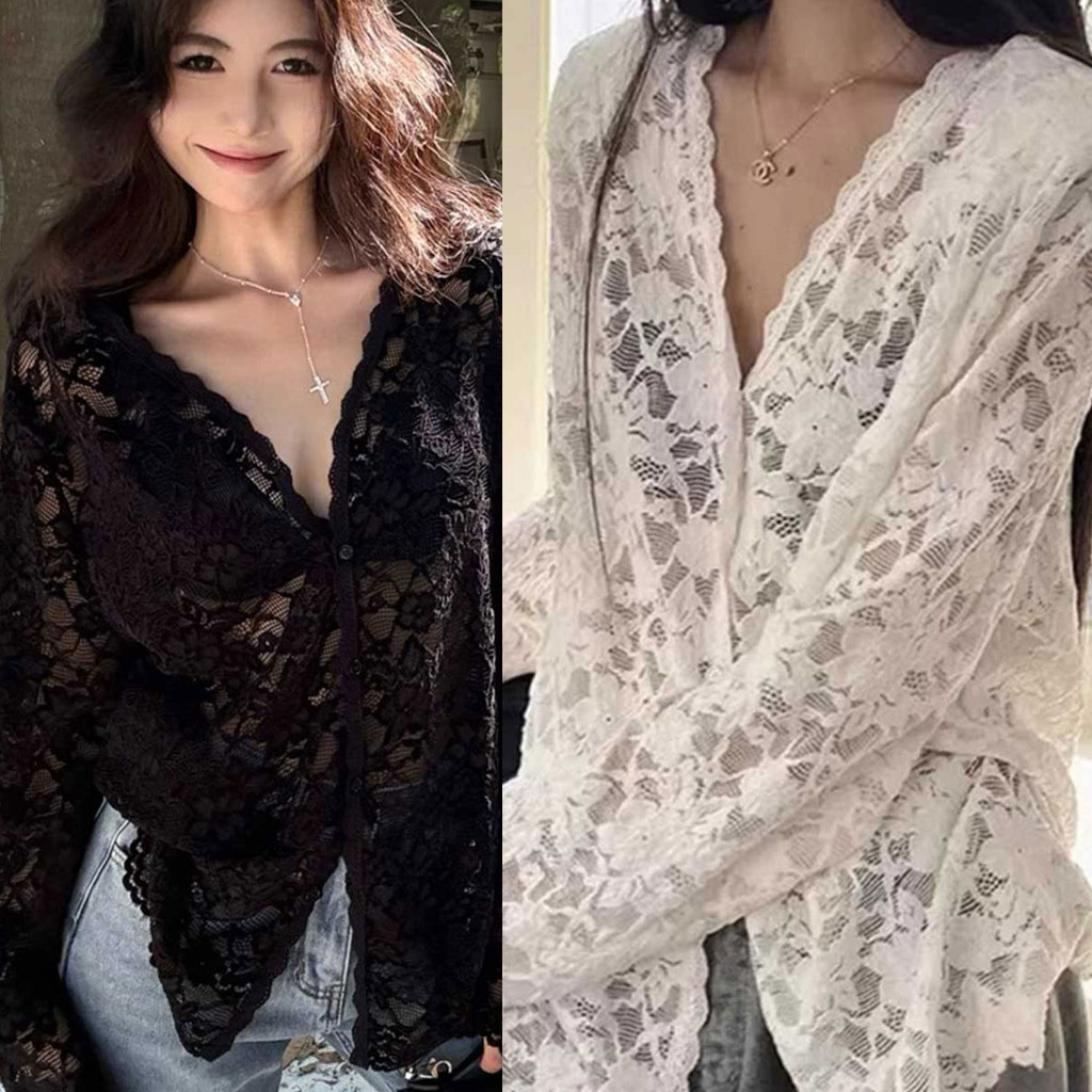 เสื้อแขนยาวสีดำคอวีลูกไม้ สวยหรูเหมาะกับฤดูร้อน