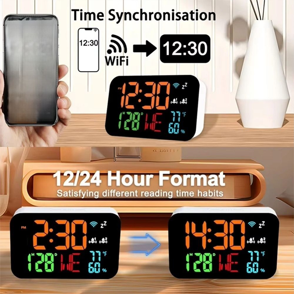 นาฬิกาตั้งโต๊ะ WiFi และนาฬิกาปลุก ABS กับฟังก์ชันเครื่องวัดอุณหภูมิความชื้น ปฏิทินอัจฉริยะ จอแสดงผลดิจิตอล และตั้งเวลาอัตโนมัติ - รูปที่ 4