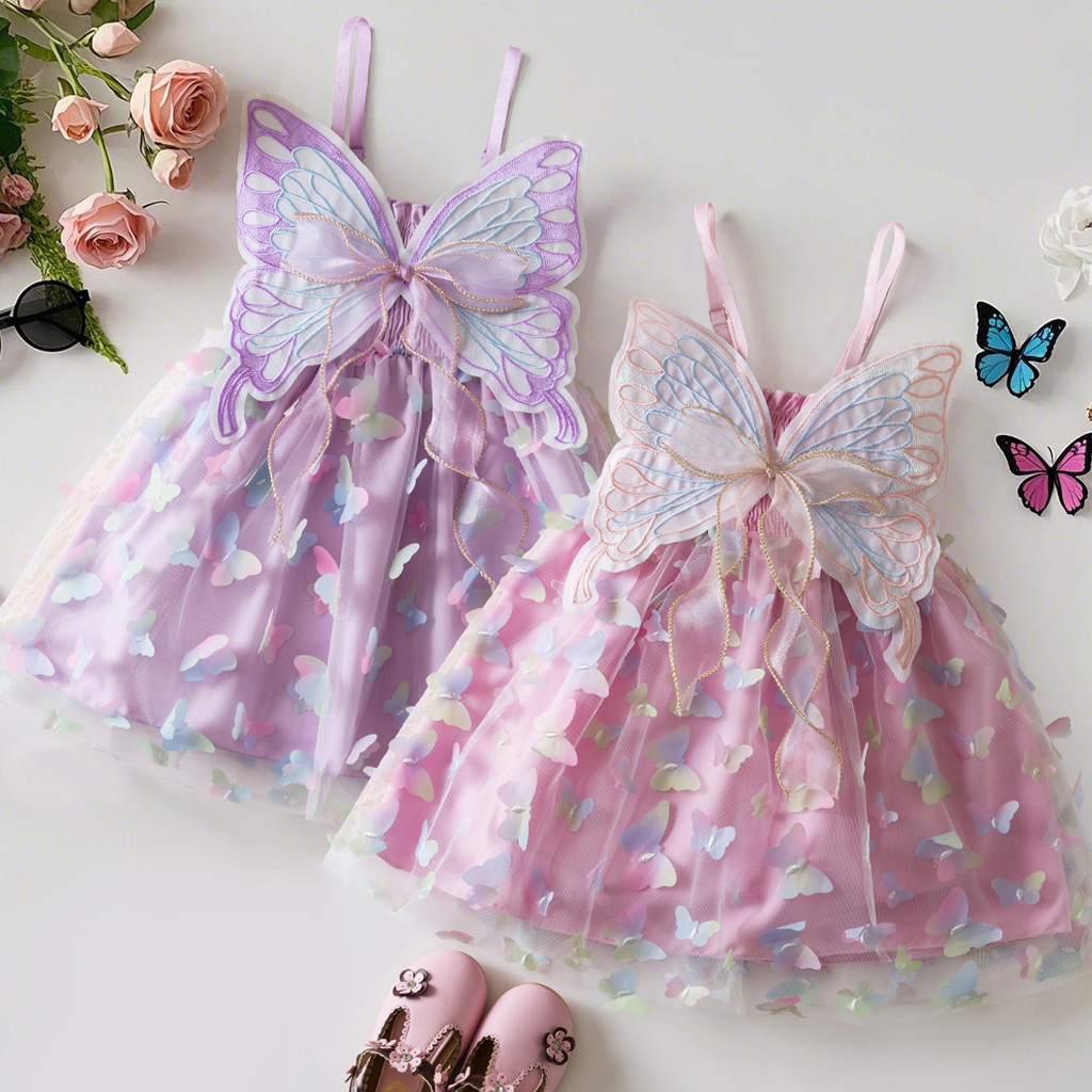 Nnjxd เด็กหญิงตัวเล็ก ๆ ฤดูร้อน สายรัด ชุดหวานน่ารักสติกเกอร์ผีเสื้อชุดเจ้าหญิง 2-6ปี ปีกผีเสื้อ ทูล ชุดเด็ก