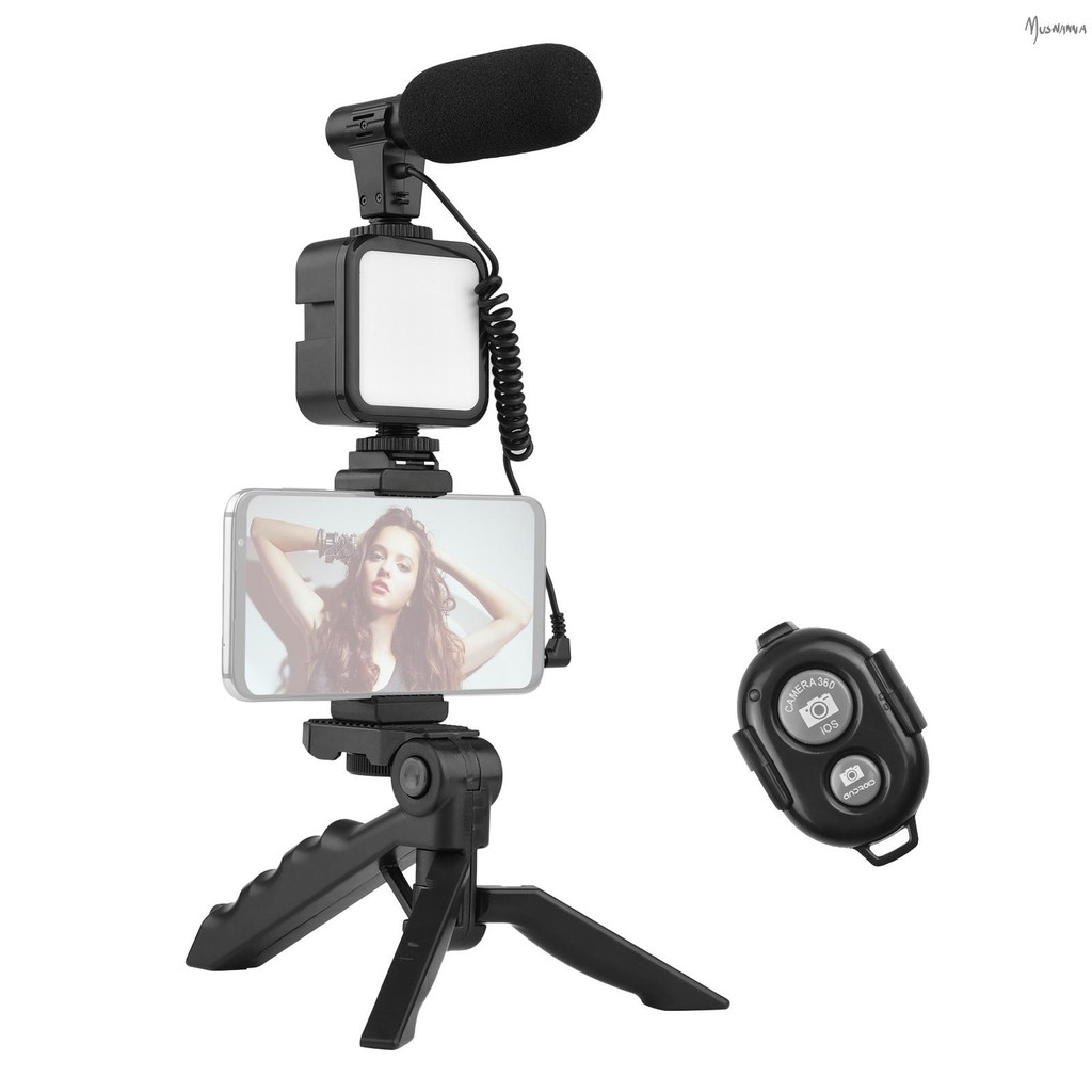 Andoer โทรศัพท์ Vlog Video Kit พร้อมตารางขาตั้งกล้องที่วางโทรศัพท์พร้อมรองเท้าเย็นไมโครโฟนไฟวิดีโอ L